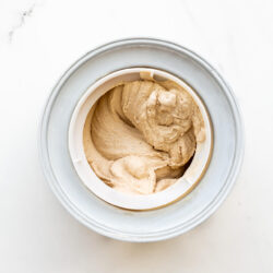 Freshly churned tea-infused ice cream in the freezer drum
