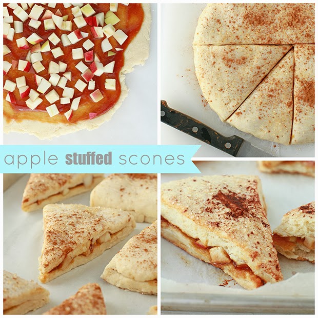 apple stuffed scones | kitchen heals soul A collage showcasing how to make apple stuffed scones. Image 1 shows a disk of scone dough rolled out and topped with a smear of apple butter and chopped apple. Image 2 is the assembled stuffed dough, cutting into wedges with a knife. Image 3 is the stuffed scones before baking on a parchment-lined sheet pan. Image 4 is the baked stuffed apple pie scones