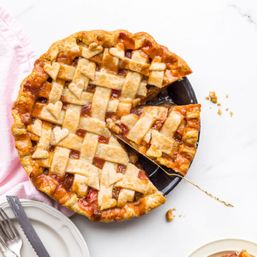 Slice of rhubarb pie with a lattice pie crust