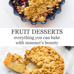 Fruit desserts, everything you can bake with summer's bounty featuring a blueberry rhubarb crisp on top and an apple cake on the bottom