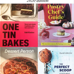 2020 Gift Guide: Books on baking featuring covers of One Tin Bakes, The Pastry Chef's Guide, Dessert Person, and The Perfect Scoop